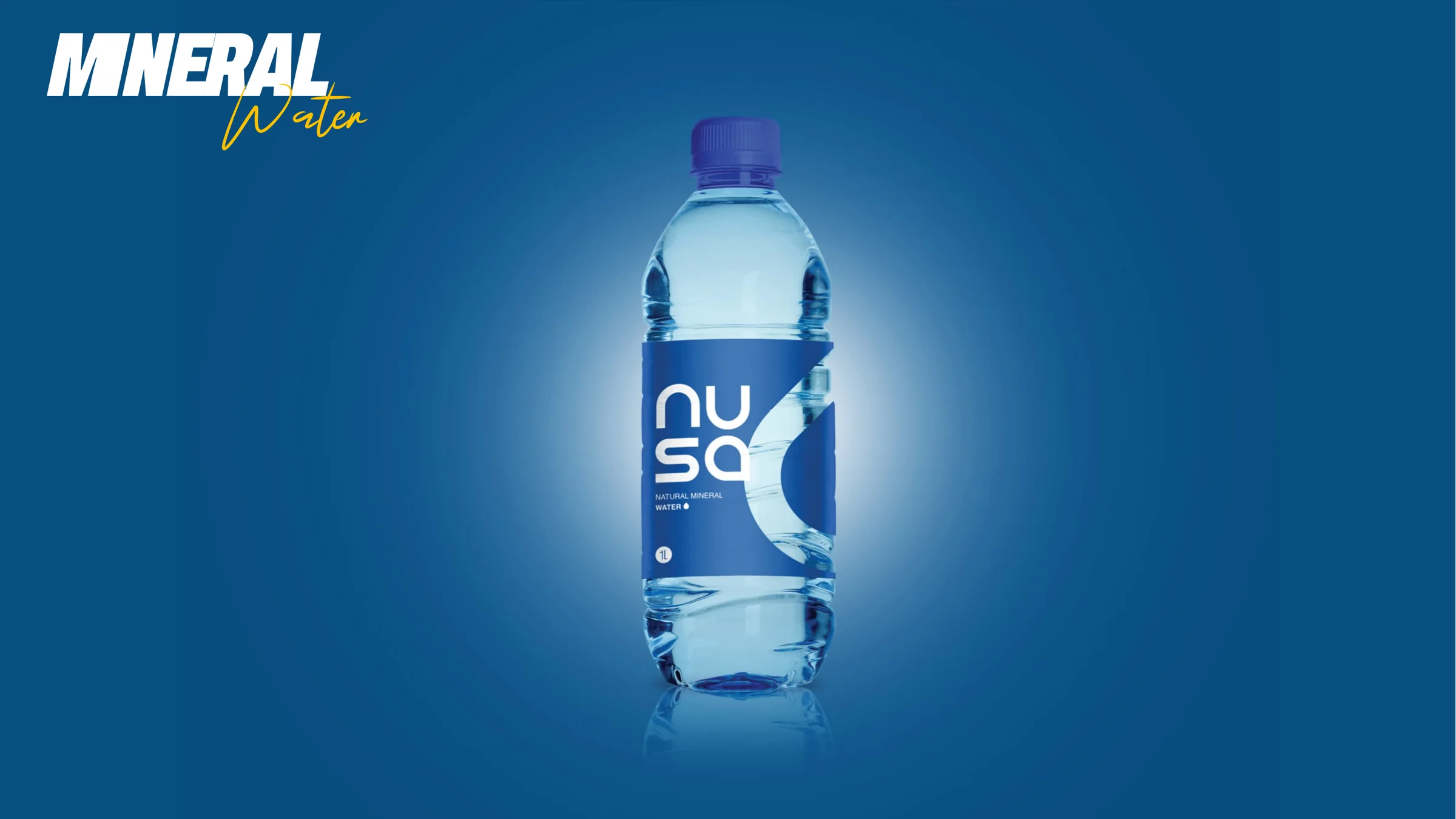 Portfolio page titled “Mineral Water”: a bottle mock-up with a blue “nusa” label on a deep blue background.