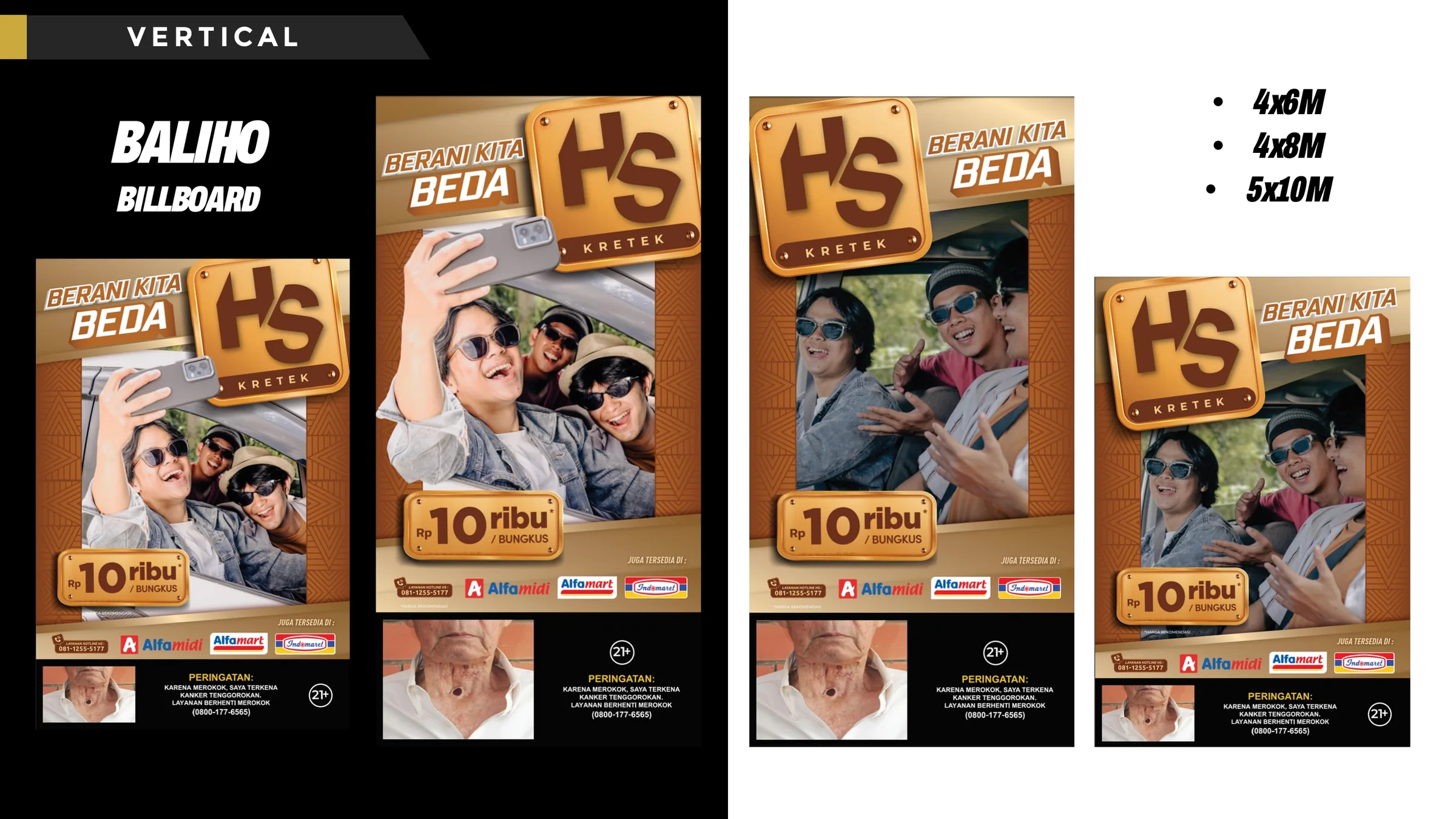 Portfolio page titled “Baliho / Billboard”: vertical billboard key visuals in 4×6 m, 4×8 m and 5×10 m formats.